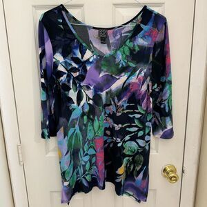 Clara Sun Woo Multicolor Floral Print Tunic Size Small Flowy V Neck Artsy